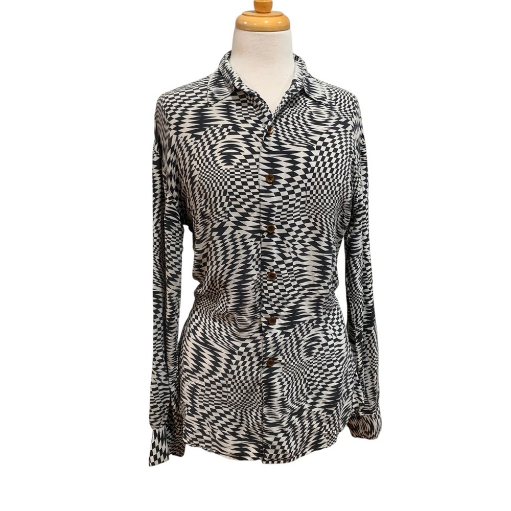 Vntg silk Pat Argenti psychedelic Black and White Button Down Shirt sz 6